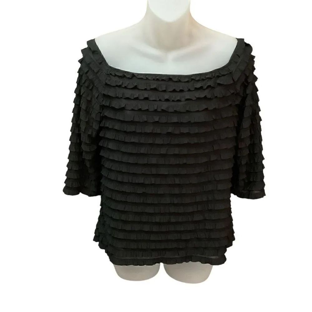 Frank Lyman Blouse Off Shoulder Ruffled Tiers Black Sheer Sleeves Lined Women 14